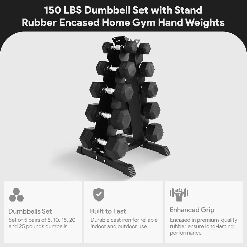 Rubber Coated Hex Dumbbell Weight Set with Storage Rack, 100LB or 150LB or 200LB Set, 5-20 lbs or 5-25 lbs or 10-30 lbs Pairs