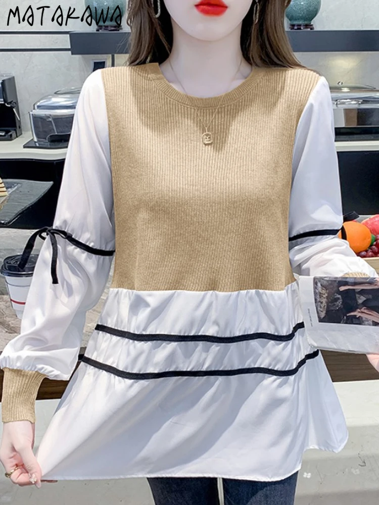 

Matakawa Knitted Autumn Winter Blouses Stripes Patchwork Korean Fashion Women Shirts Fake 2 Pieces Elegant Chic Blusas Mujer