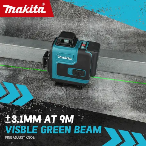 Makita Laser Level:Self-Leveling & Manual Modes,515nm Green Light,±4° Range,16 Lines,IP65,With Remote & Battery for Alignment