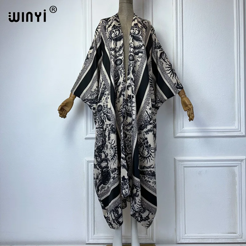 WINYI Kimono lato elegancki abstrakcyjny nadruk sweter damski bluzka abaja zakrywająca plaża kobiety boho maxi sukienka party kaftan