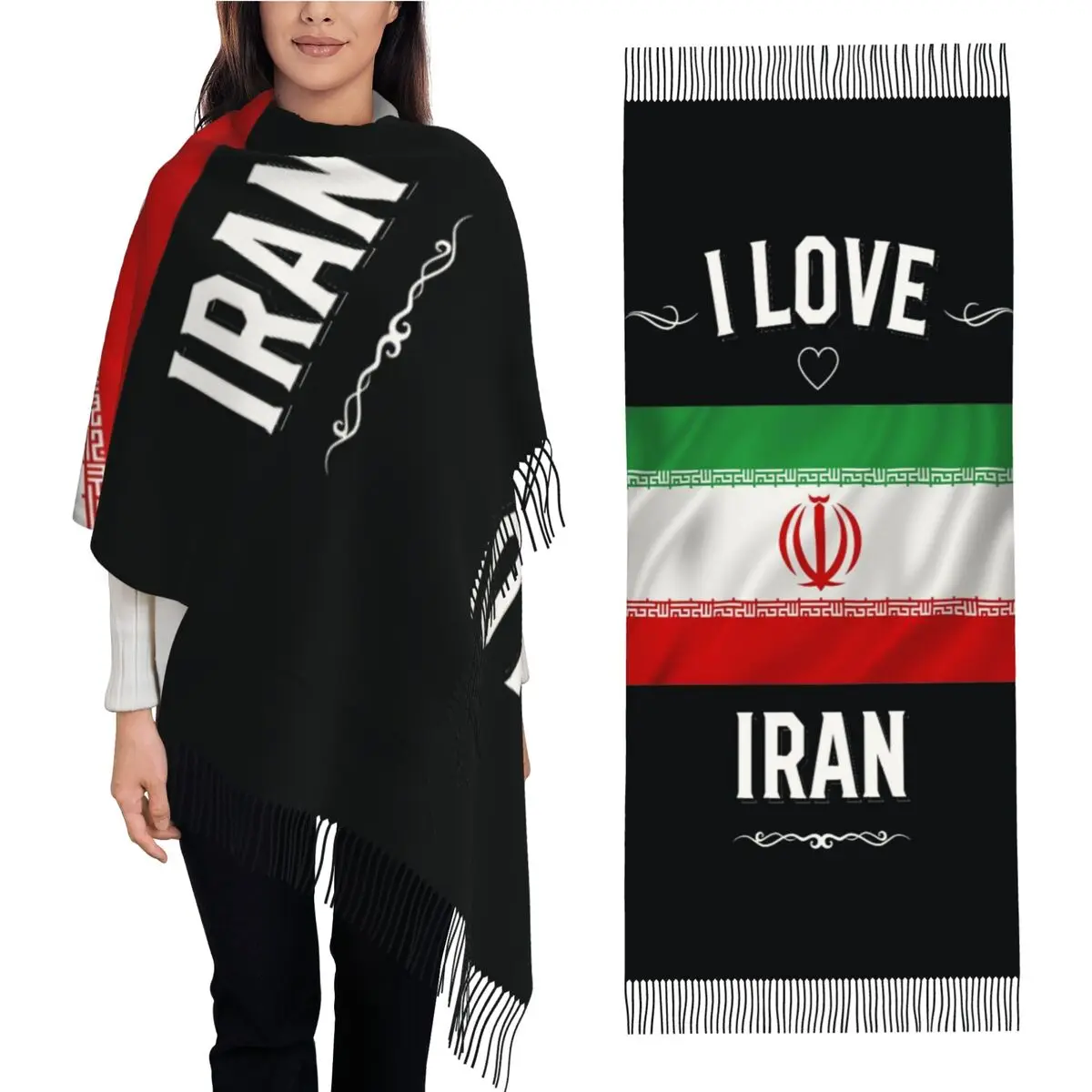 

I Love Iran Scarf Iranian Flag Keep Warm Shawls and Wrap with Tassel Unisex Popular Scarves Wraps Winter Design Bufanda Mujer