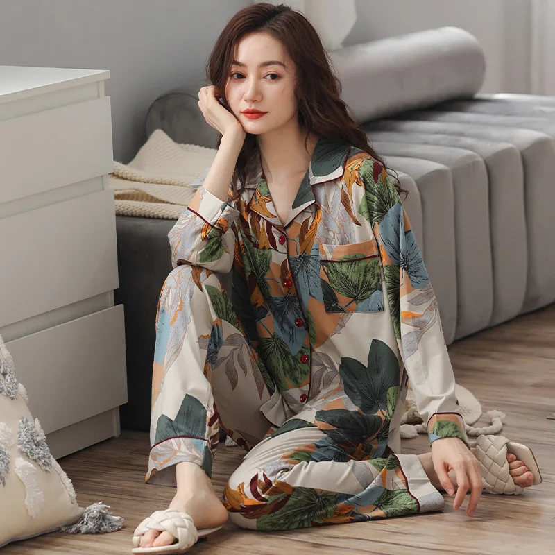 

Spring Autumn Women's Thin Pure Cotton Pajamas Long Sleeve Cardigan Pants Oversized Loose Casual Luxury Home Clothing Set