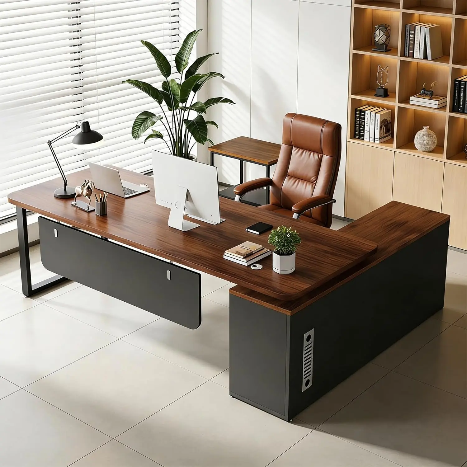 

L Shaped Executive Desk with Storage Cabinet and Drawers, Large Office Desk with Cable Management, Reversible Corner Computer De