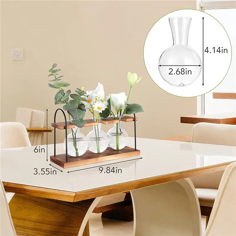 A93E-2X Plant Propagation Station With Wooden Stand,Plant Terrarium Desktop Propagation Stations,Air Planter Bulb Glass Vase