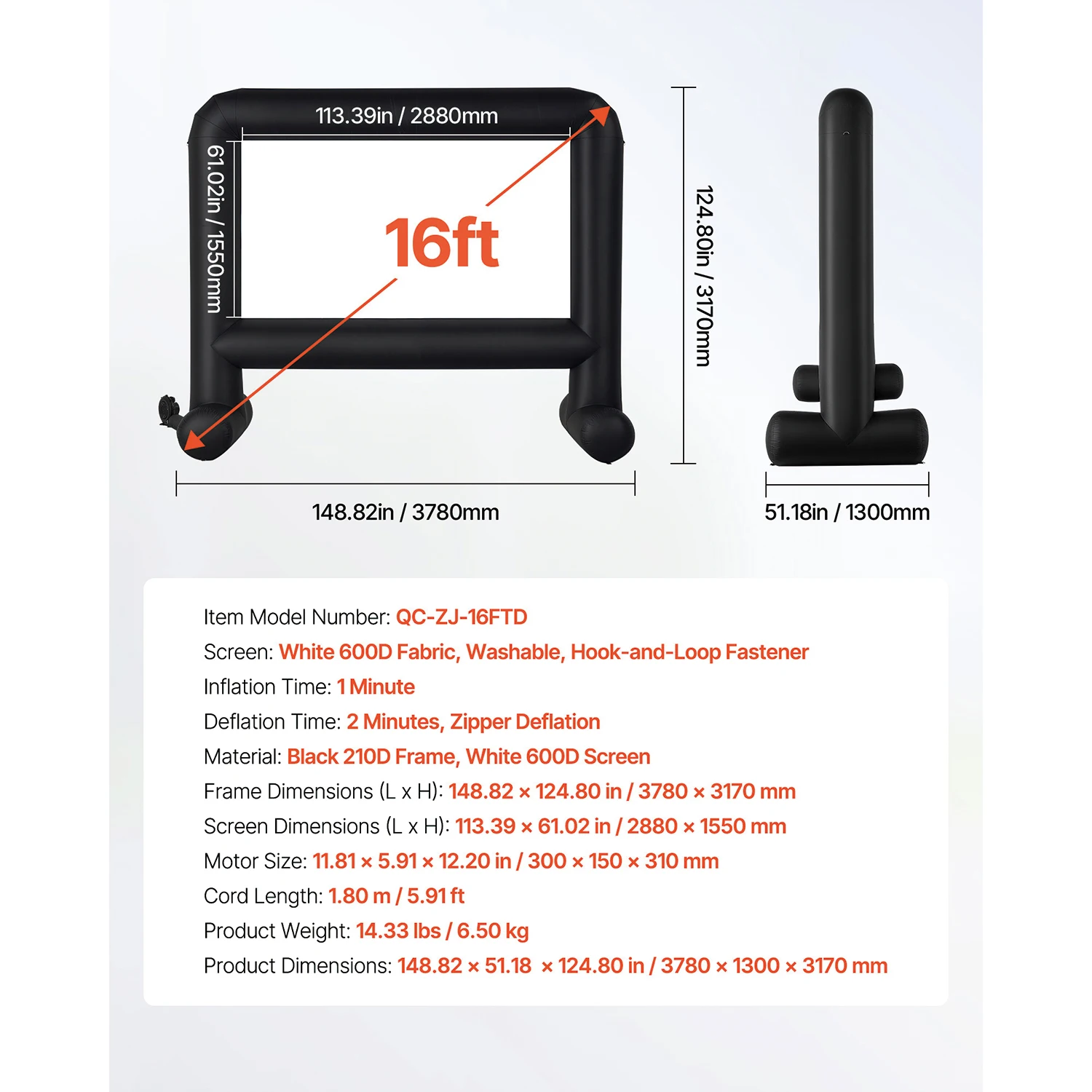 SucceBuy 14/15/16/18/20 FT Opblaasbaar Projectorscherm met 120W Luchtblazer Projectorscherm voor Outdoor Theater Themafeest