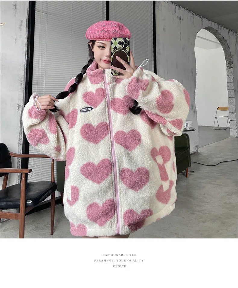 AV Autumn Winter Women Korean Loose Heart Shaped Print Jackets Wear On Both Sides Thicked Lamb Wool Coats Female Harajuku Parkas