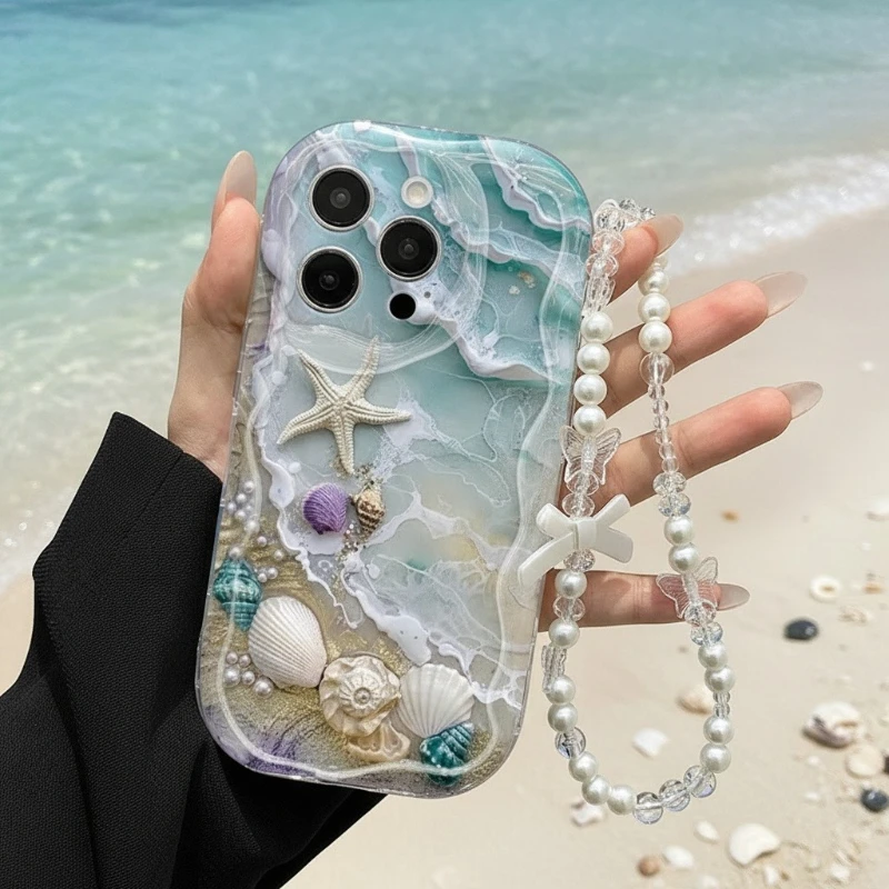 Clear Beach Seashell Phone Case with Lanyard for iPhone 11-17 Series