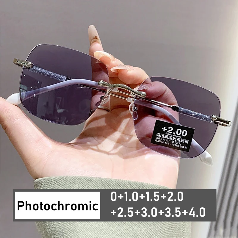 

Unisex Luxury Photochromic Reading Glasses Fashion Rimless Color Changing Eyewear for Men Women Outdoor Anti-UV Presbyopia