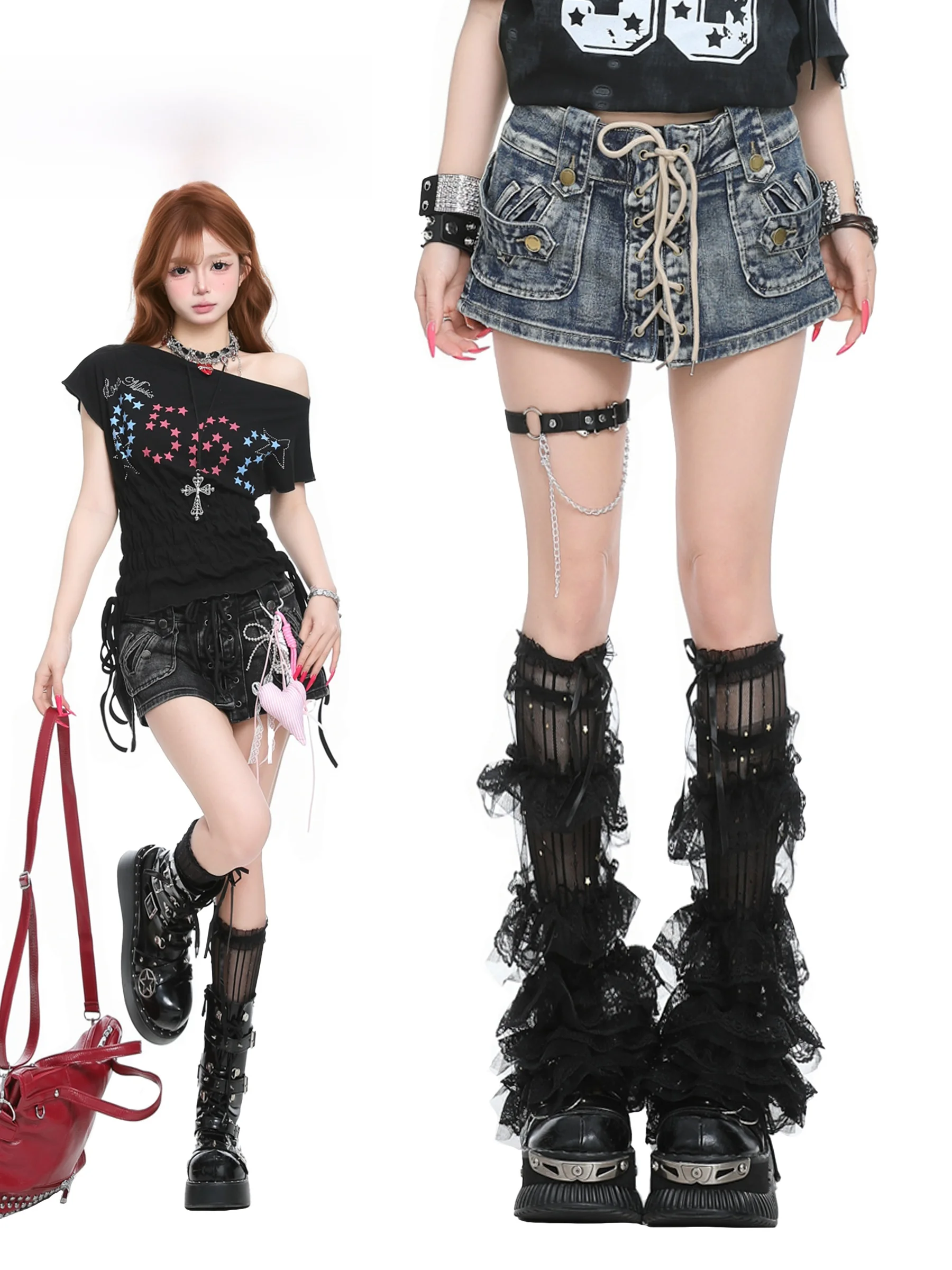 

Basterds American Waed Denim orts Women Spring Summer Tie Design A-Line Skirt Pants Spicy Girl Sle l Waist