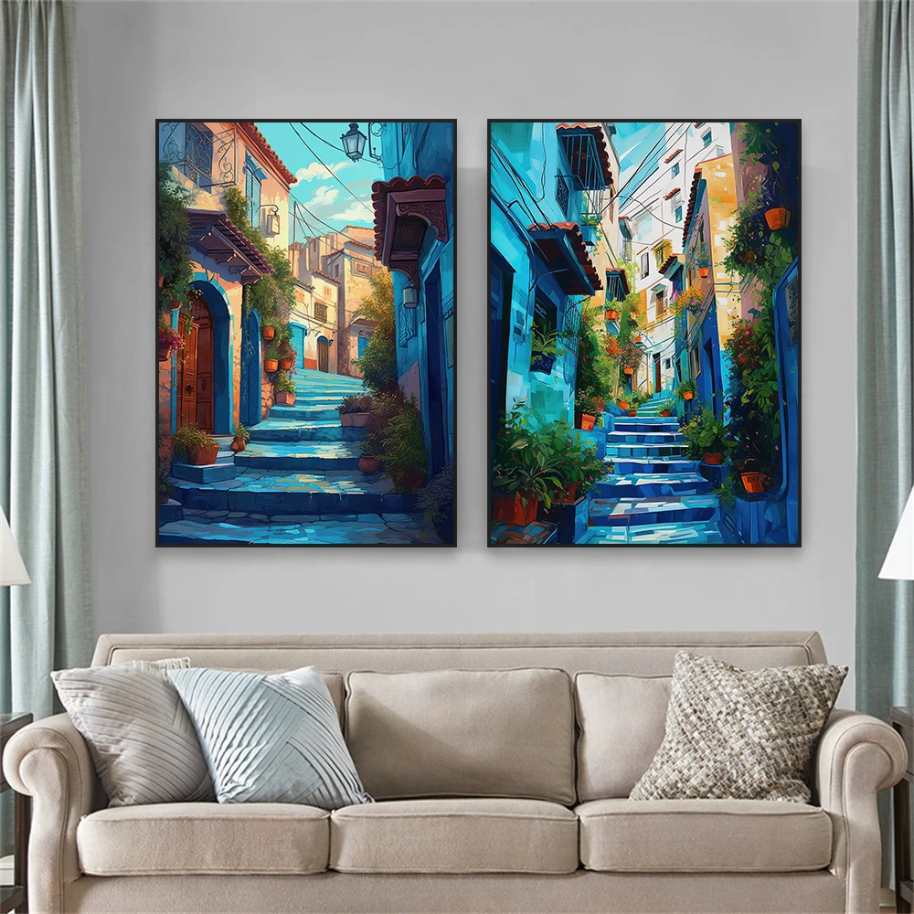Chefchaouen Blue City Poster Modern Morocco Travel Poster Boho Blue Art Print Landscape Wall Art