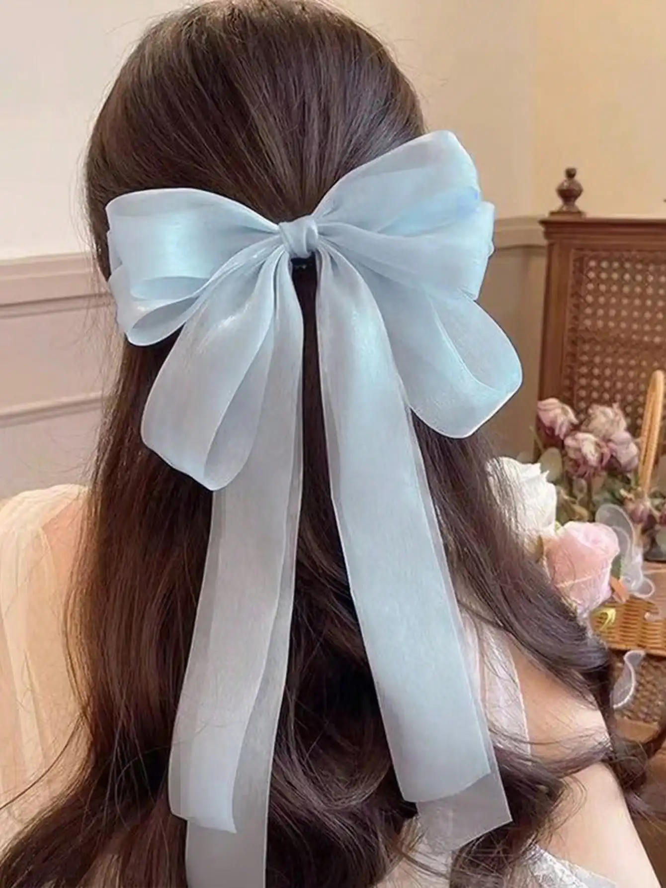 1 Stück blauer Satin, extra langes Band, Haarschleife, Haarschmuck für Frauen und Mädchen, Seiden-Haarspangen, Haarspange für dickes, dünnes Haar – Detail 1