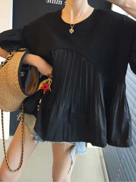 White ort Sve T-irt Women's Korean Faion Loose Design Splicing Batwing Sve Anti-Aging Doll irt Summer Top