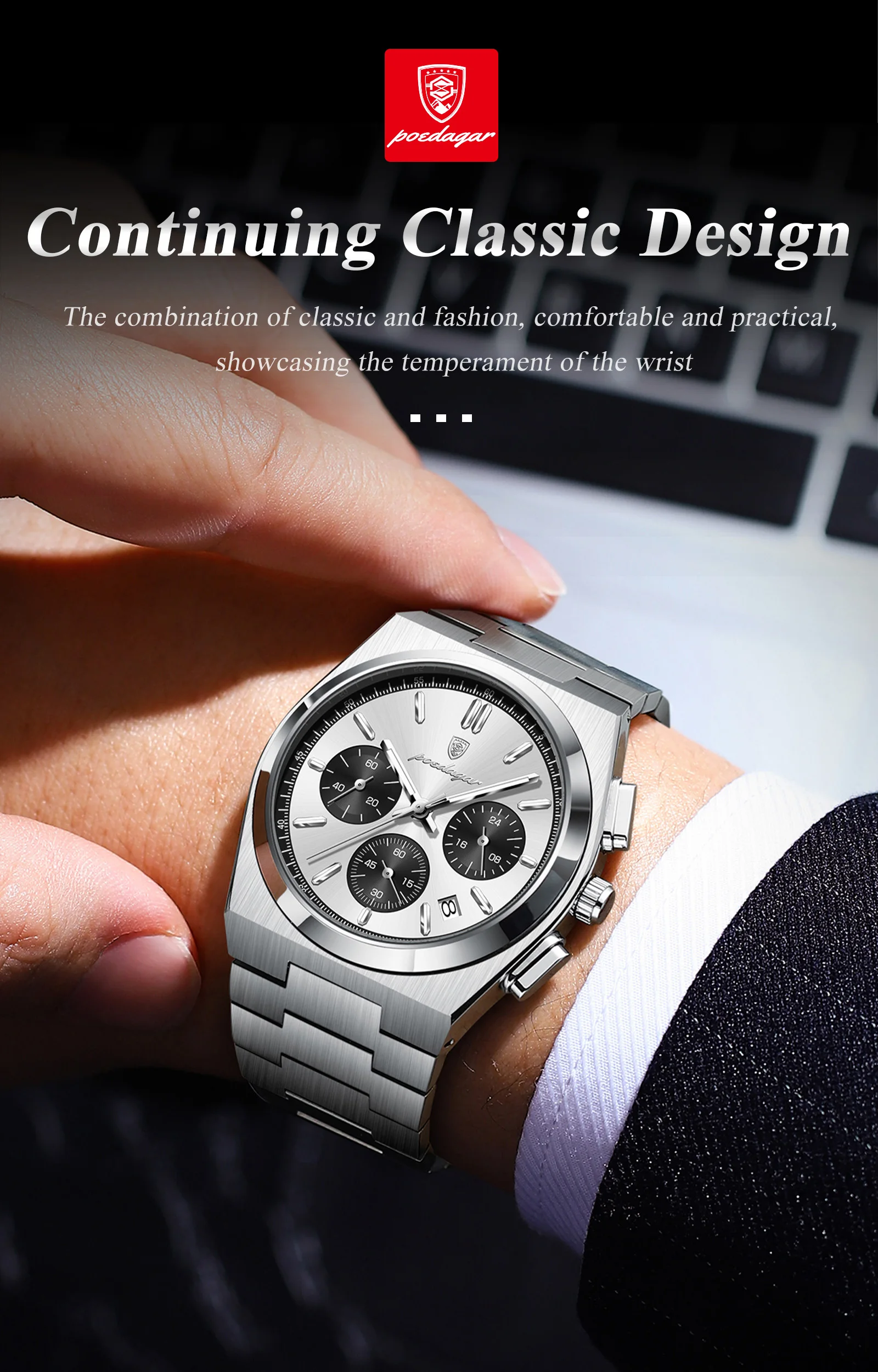 POEDAGAR Top Business Herrenuhr Chronograph Datum Edelstahl Klassische Männeruhr Wasserdicht Leuchtend Quarzuhren für Herren – Detail 16