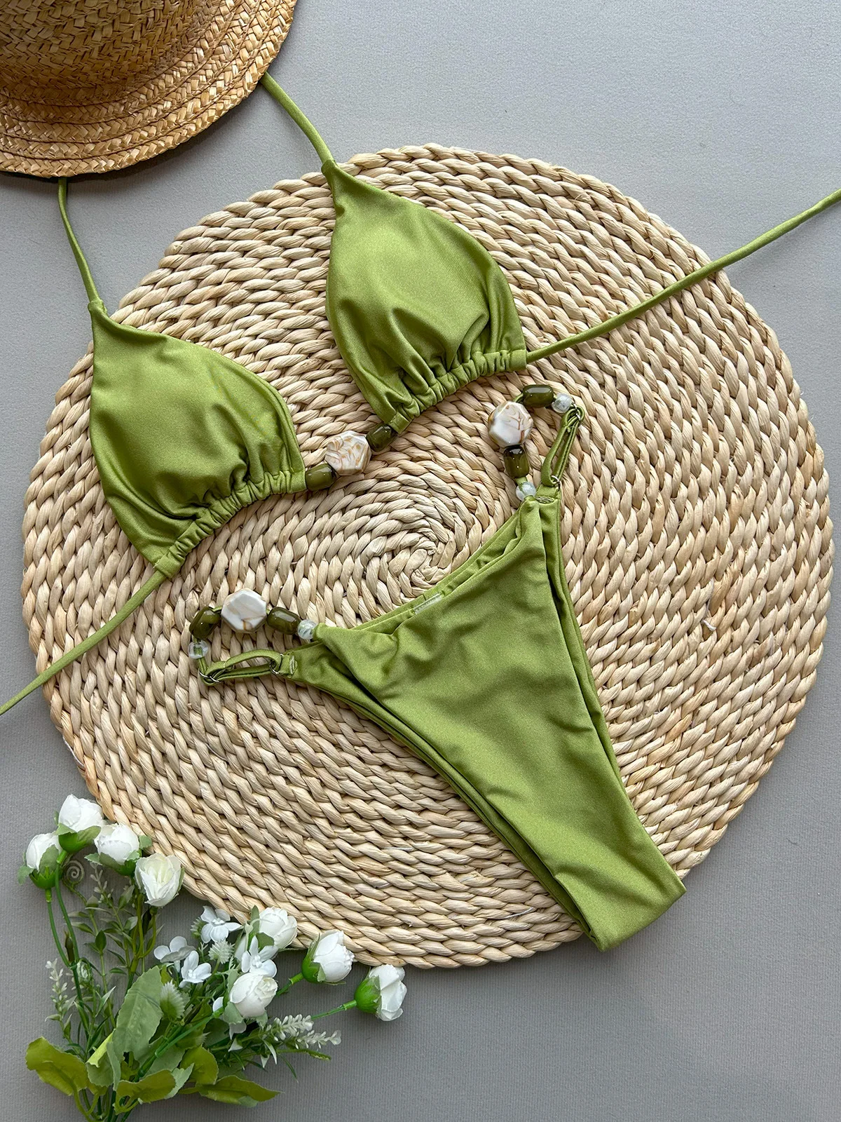 Estilo europeu americano sexy biquíni cor sólida dividir maiô feminino moda grânulo corrente apertado maiô 2025 verão novo