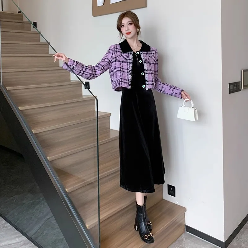 Women\'s Autumn Winter 2023 New Popular Plaid Purple Tweed Coat Korean Fashion Outwear Jacket