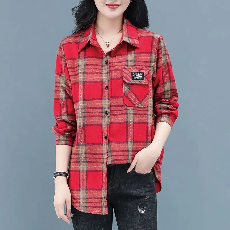 Vintage Classic Plaid Applique Button Up Shirt Fashion Casual Irregular Loose Long Sleeve Cotton Tops Blouses for Women Clothing