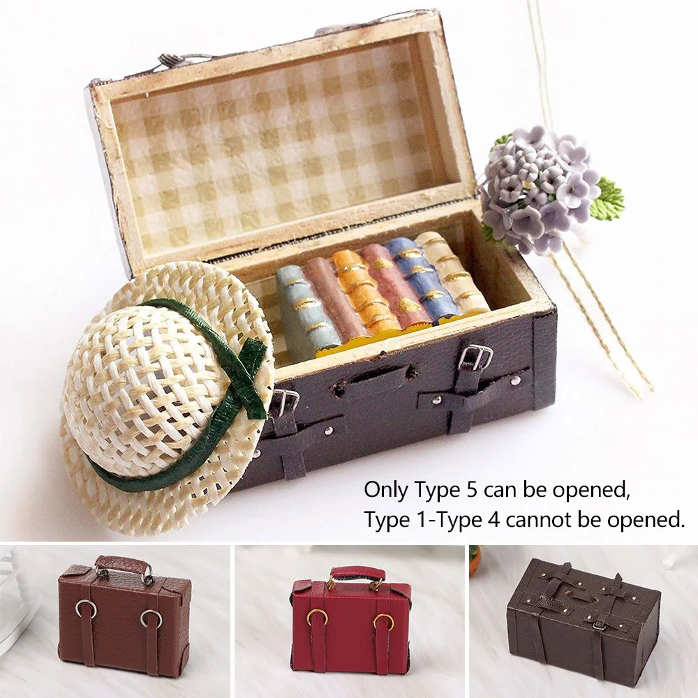 1pcs 1/12 Dollhouse Miniature Vintage Leather Wood Suitcase Mini Doll Luggage Box Pretend Play Furniture Toys Accessories