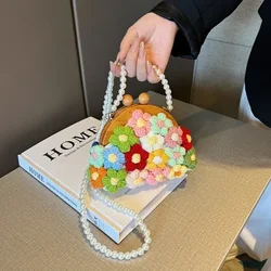 Flowers Pearl Beading Personality Canvas Crossbody Bags Appliques Shell Wooden Shoulder Bags 2024 Hot Sale Bags for Women