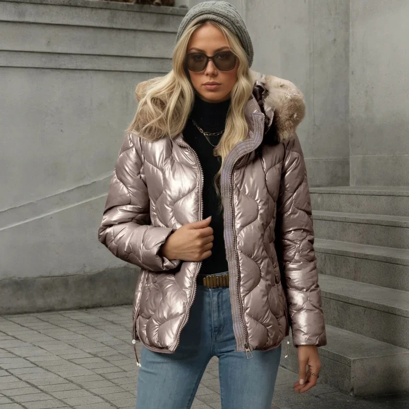 Winter New Fashionable Elegant Gloss Pearl Premium Sense Shrink Waist Show Thin Hair Collar Hooded Cotton Jacket for Women 2026