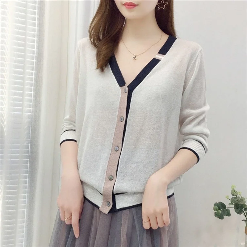 Spring Fall Casual V-Neck Long Sleeve Knitted Cardigan Women Korean Fashion Sweet Chic Loose Thin All-Match Basic Sweater Jacket