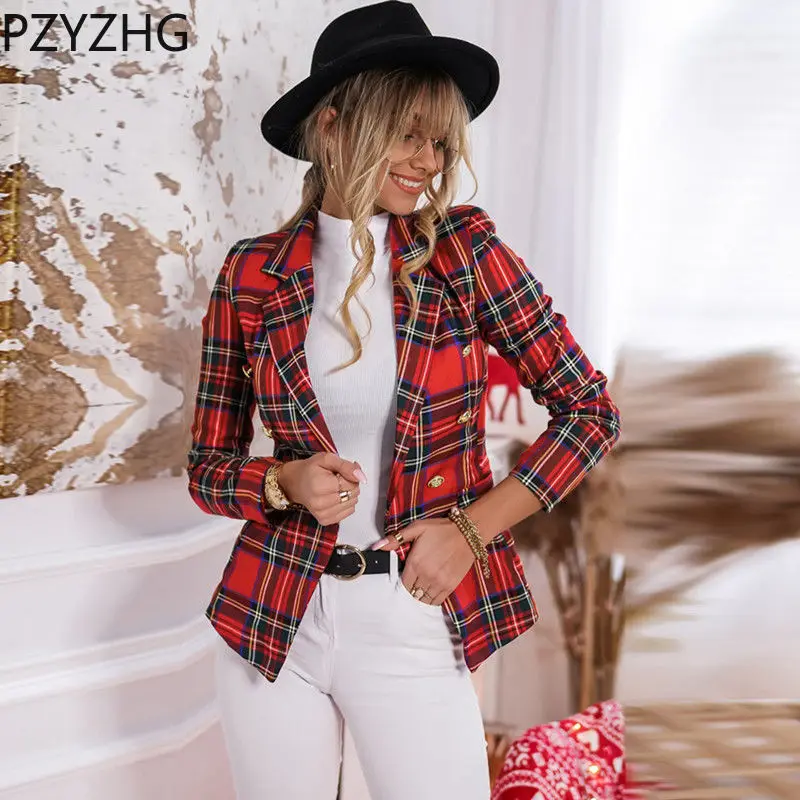 Fashion Plaid Print Suit Woman Double Breaste Long Sleeve Blazers Fashion Commute 2024 Autumn Suit Coat for Women New Trend