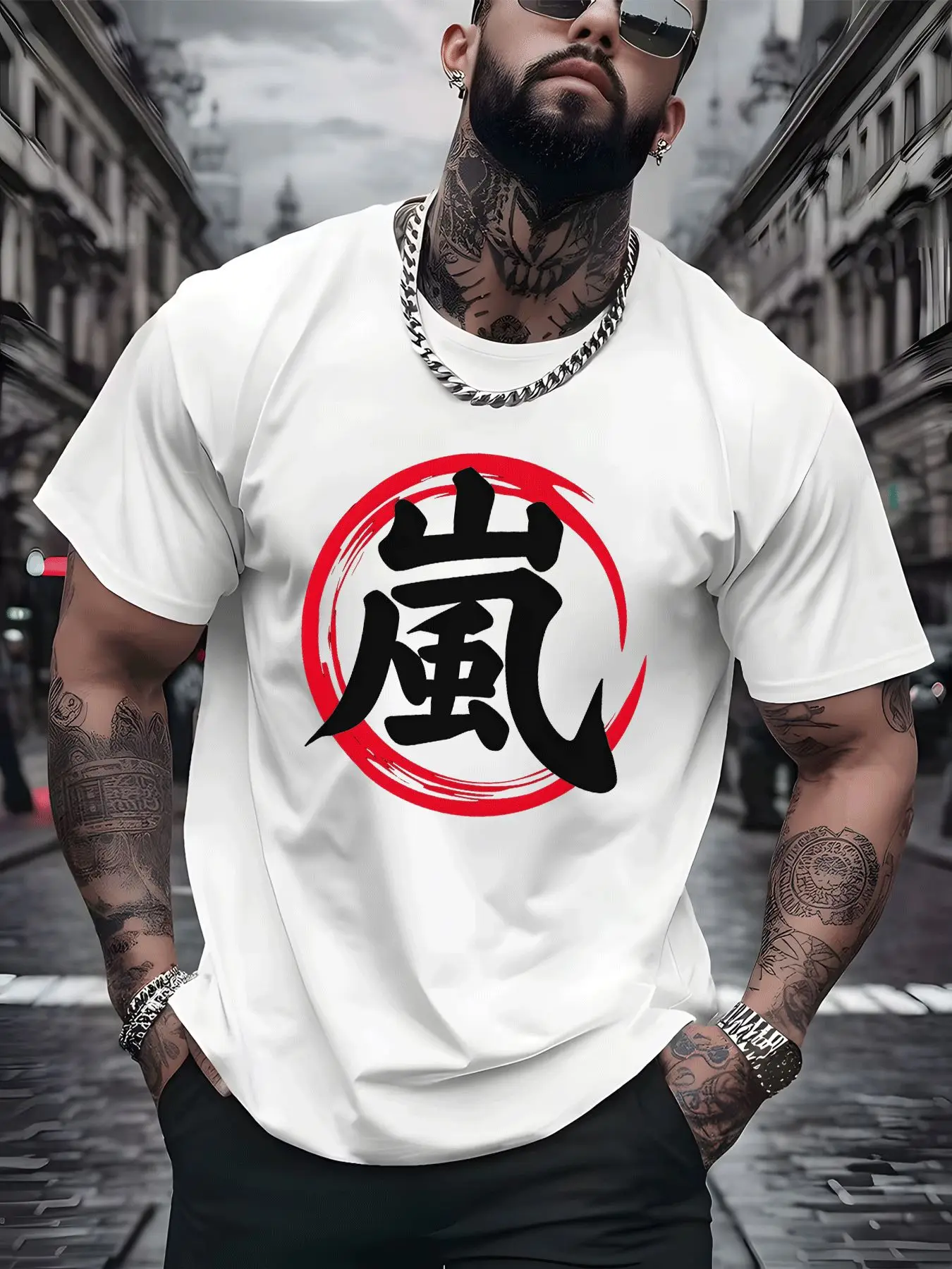 Black Mens Summer Tee Arashi Kanji Red Circle Print Short Sleeve Street Top Soft Daily Wear For Japanese Culture Young Male Fans