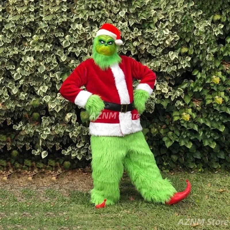 Weihnachtsmann-Kostüm-Set Weihnachtsfeier Erwachsenen-Rollenspiel Grünes Monster Zotteliges Halloween-Cosplay-Outfit Handschuhe Maske