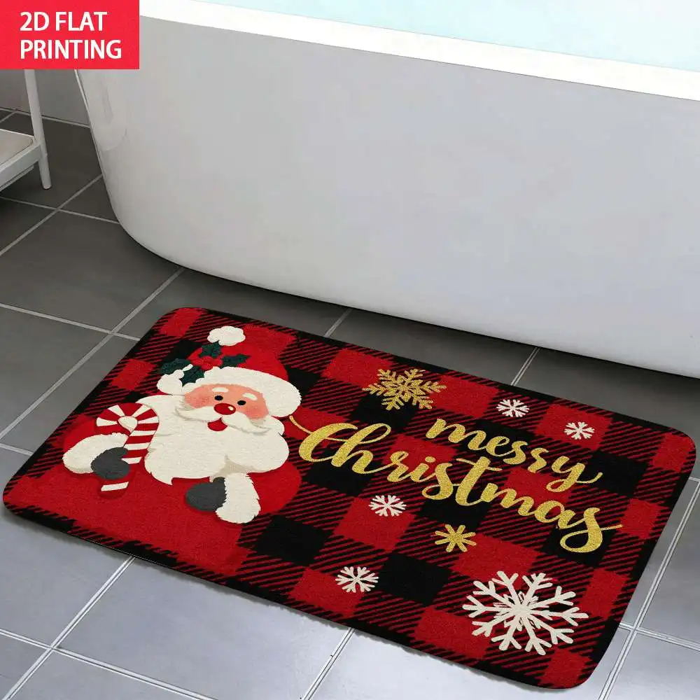Christmas Buffalo Plaid Santa Flannel Bath Mat Soft Absorbent Non Slip Rug For Bathroom Entryway Winter Decor Housewarming Gift