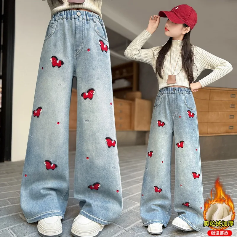 

Kids Winter Thermal Jeans with Towel Embroidery For Tween Girls Loose Straight Insulated Denim Trousers Child Warm Fleece Pants