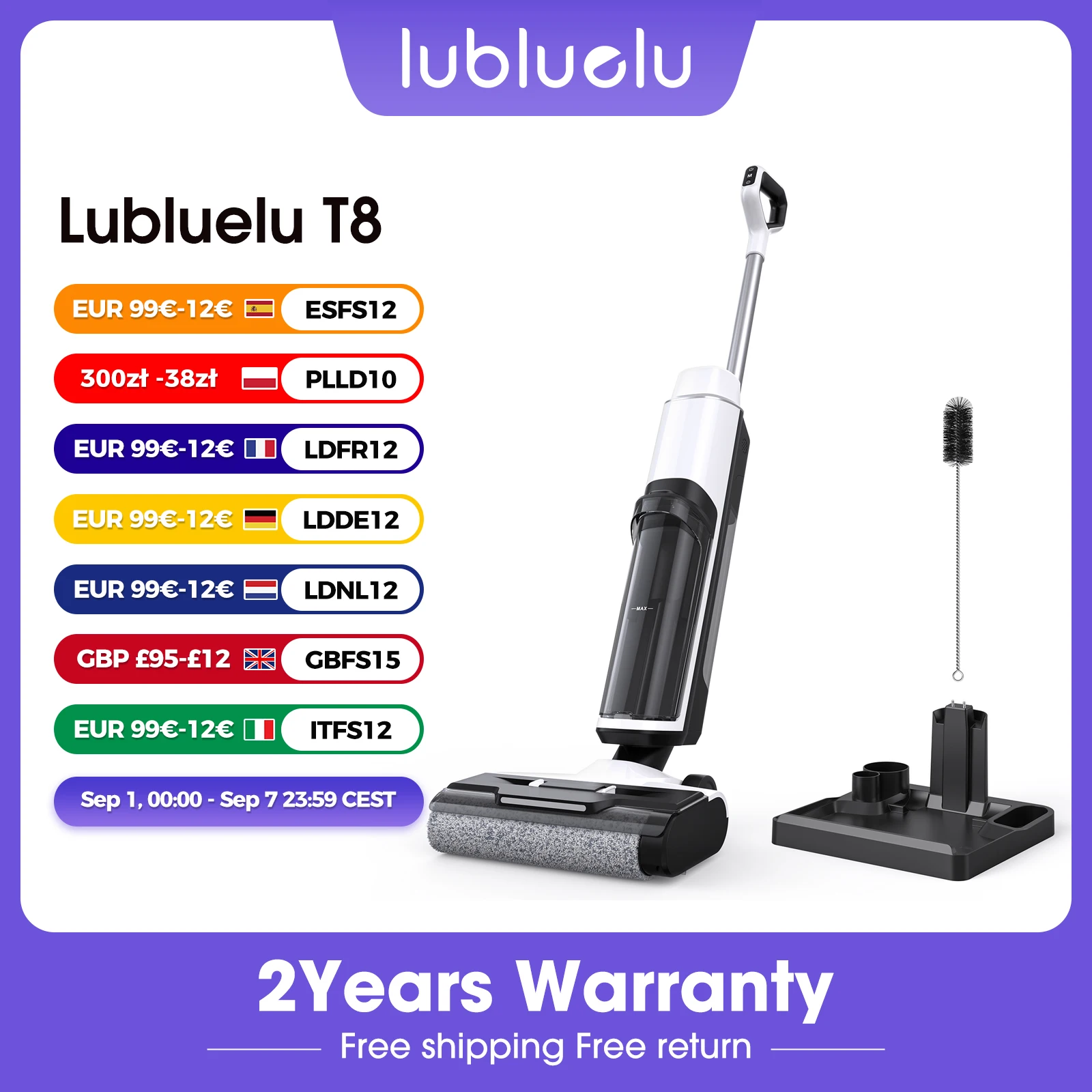 Lubluelu T8A 17.5kpa Cordless Wet Dry Vacuum Cleaner Self-Cleaning Floor Washer Featuring LED Display And Voice Alerts 30 Minutes of Operation Spaciou