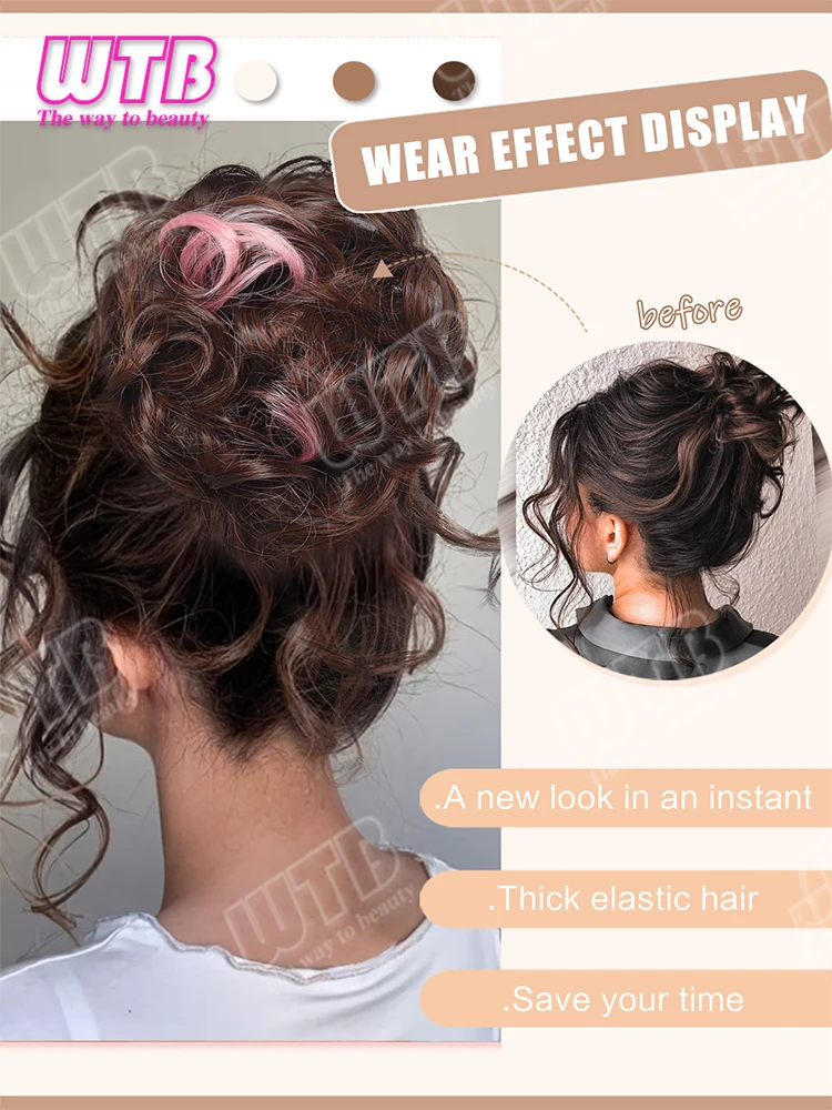Pink Highlighted Messy Bun Synthetic Wig Hair Tie Style Bun with Hair Ends Suitable for Women's Wear Holiday Events and Weddings