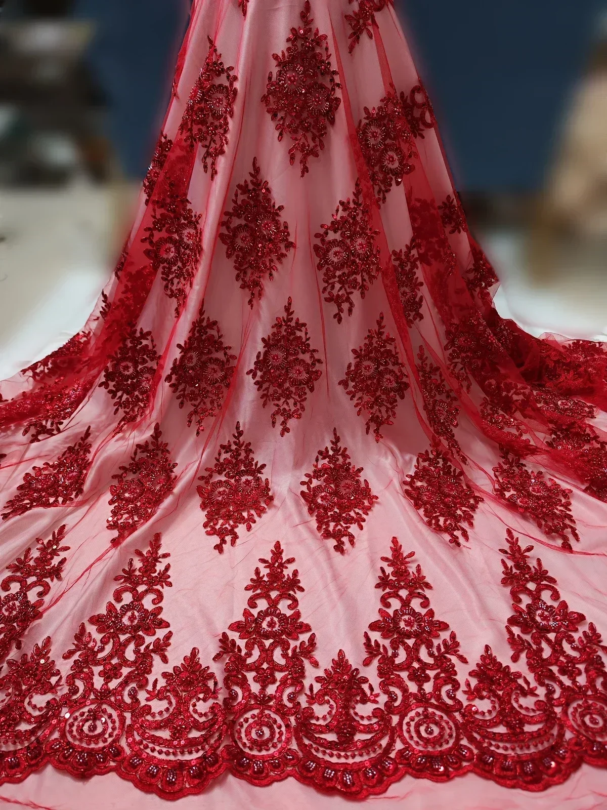 Luxury Handmade Beads Red French Tulle Lace Fabric Sequins Embroidery African Nigerian Lace Fabric For Evening Dress KWH23108