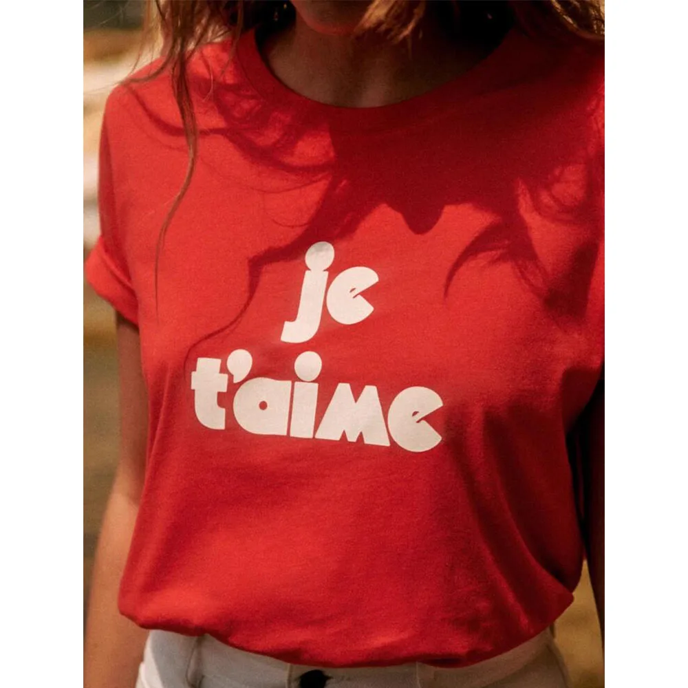 Je T\'aime French Letters Printing Female Chic Short Sleeve T Shirts Red Short Sleeve 100% Cotton Casual Tops Ins Fashion Tees