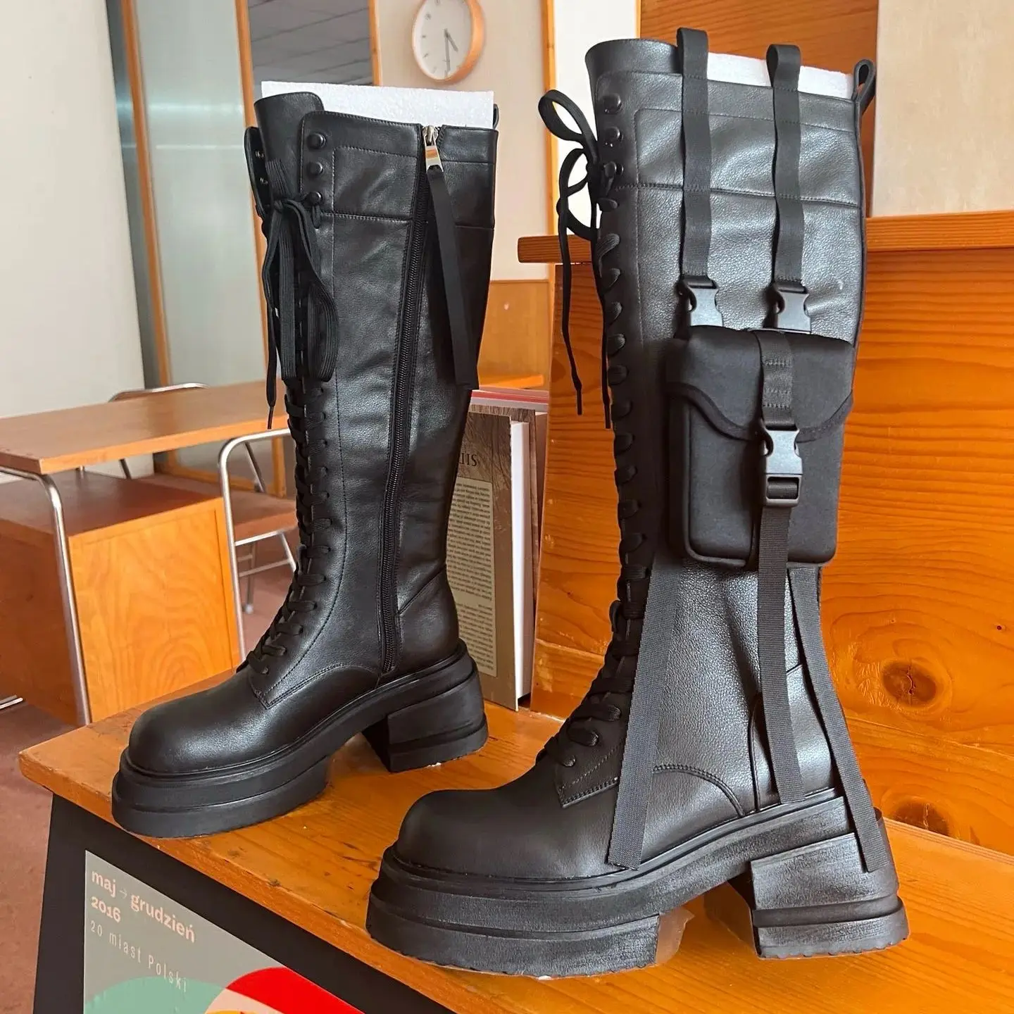 Women's Long Boots Winter Pocket Buckle Genuine Leather Booties Below the Knee High Heels Platform Motorcycle Style British 2025