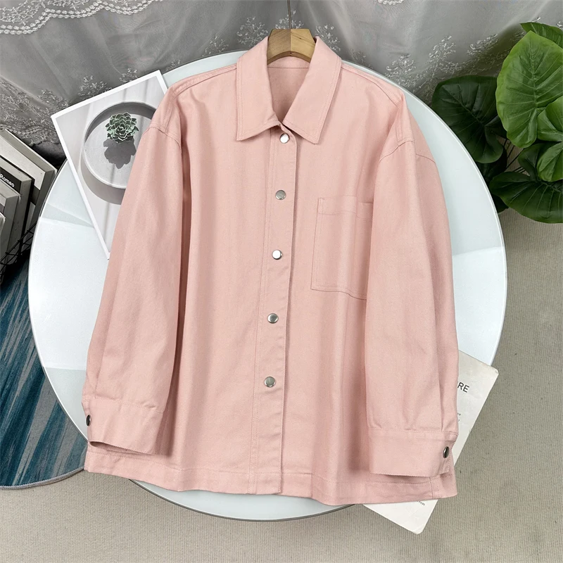 

Свободная повседневная светло-розовая джинсовая куртка с длинными рукавами и отложным воротником, женская, весна 2025, новинка, 100% хлопок