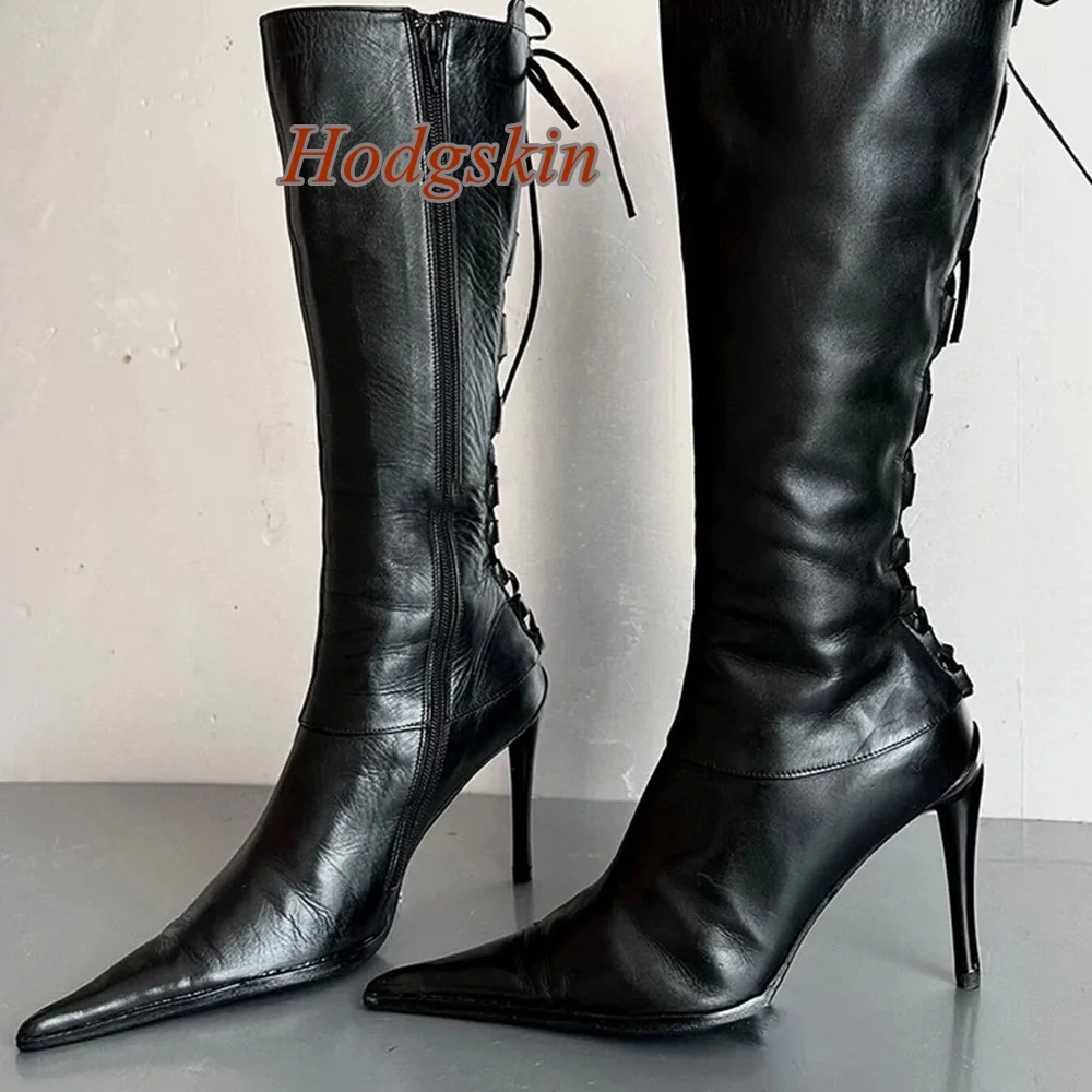 

Butterfly Knot Pointed Toe Boots Knee High Stiletto Heel Side Zipper Cross Tied Boots Fashion Casual 2025 Newest Autumn Boots