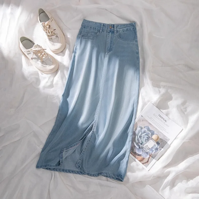 

Soft Ice Silk Denim Skirt For Women 2025 New Summer High Waisted A-line Skirt Elegant slit Versatile Slim Fit Mid Length Skirts