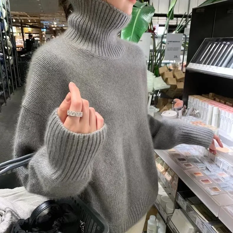 Prendas de abrigo de Color sólido con cuello alto para mujer, suéter de punto básico sencillo, suave y pegajoso, estilo coreano, otoño e invierno