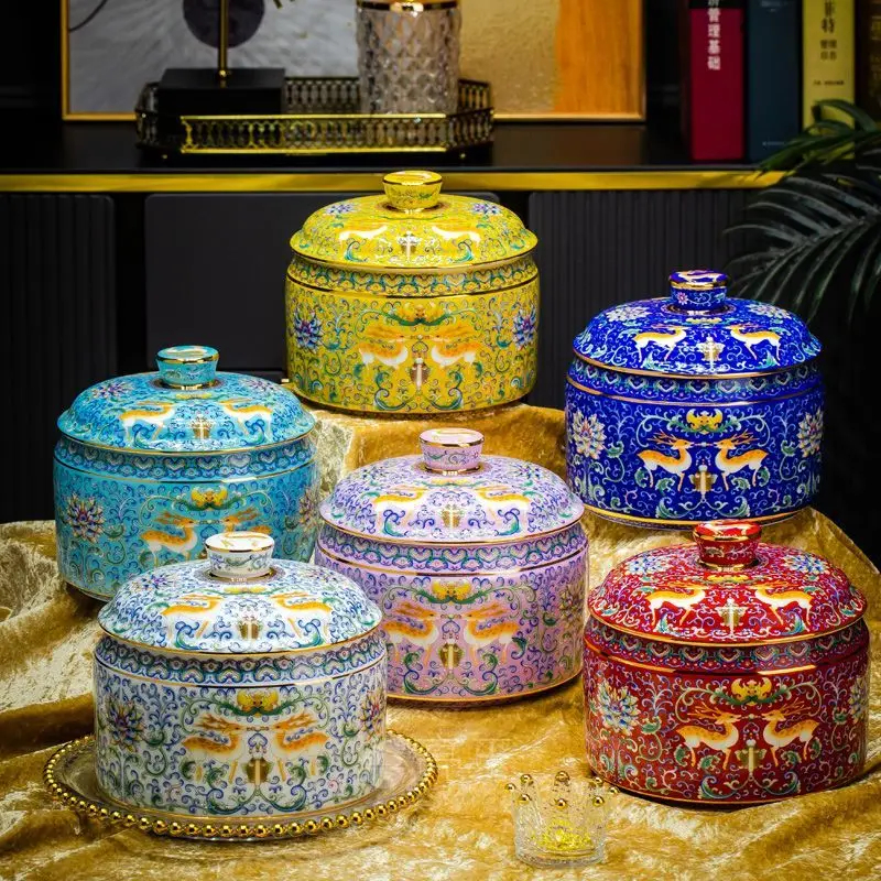 

Chinese-style household tea can, enamel color, gold edge white porcelain storage tank