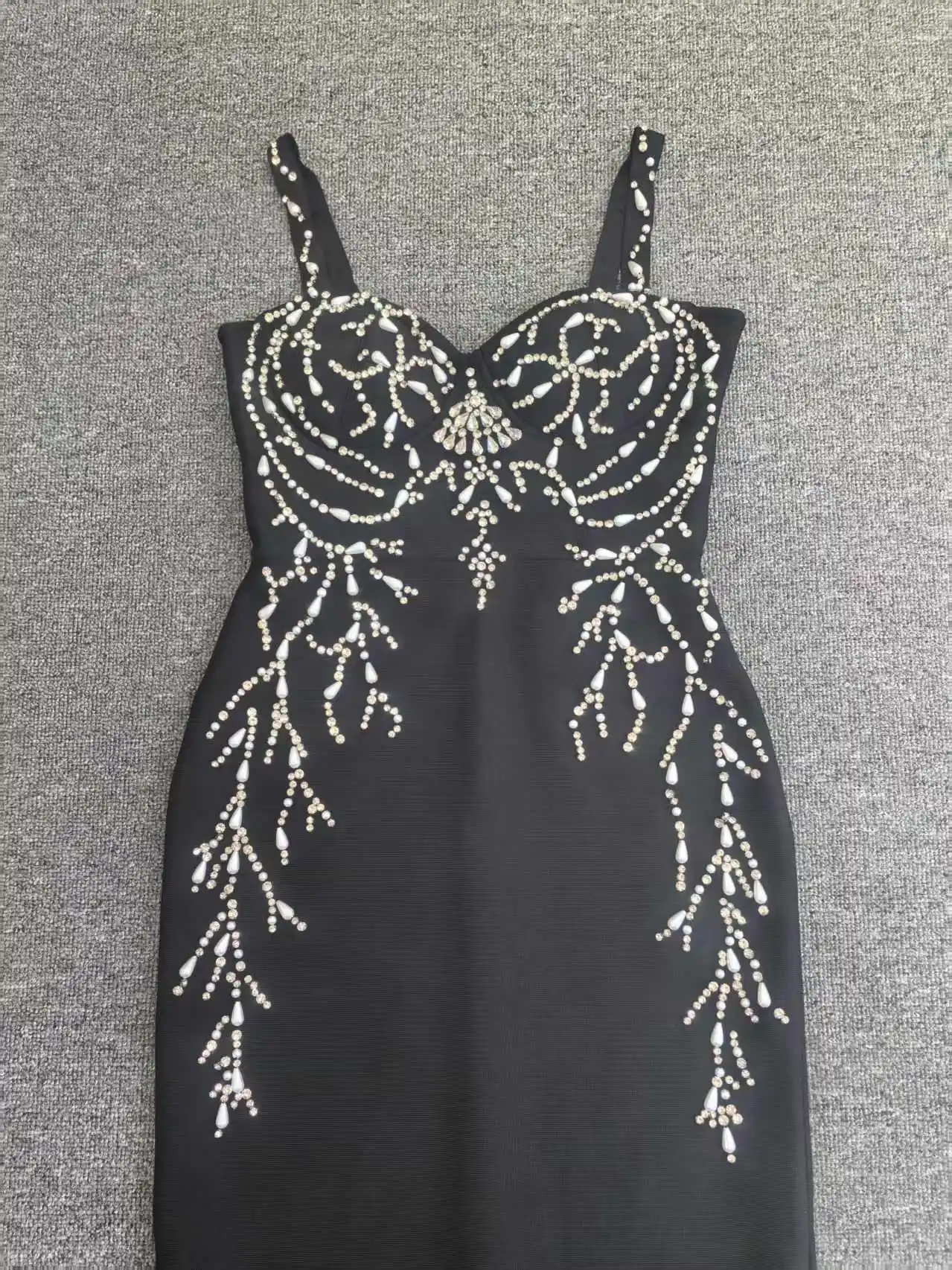 Women's Black Bandage Strap Gown with Sheer Mesh Cutout Crystal Bead Embroidery Thigh High Slit Formal Evening Dress​