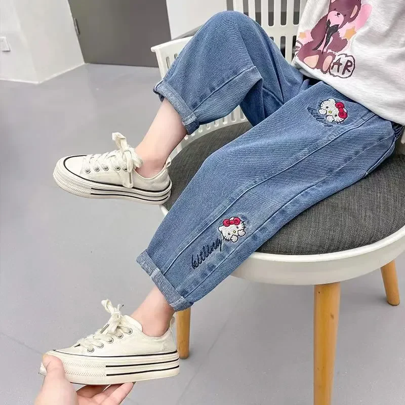 2024 New Girls Jeans Cartoon Hello Kitty Embroidery Spring Autumn Toddler Girl Denim Pants Fashion Kids Loose straight Trousers