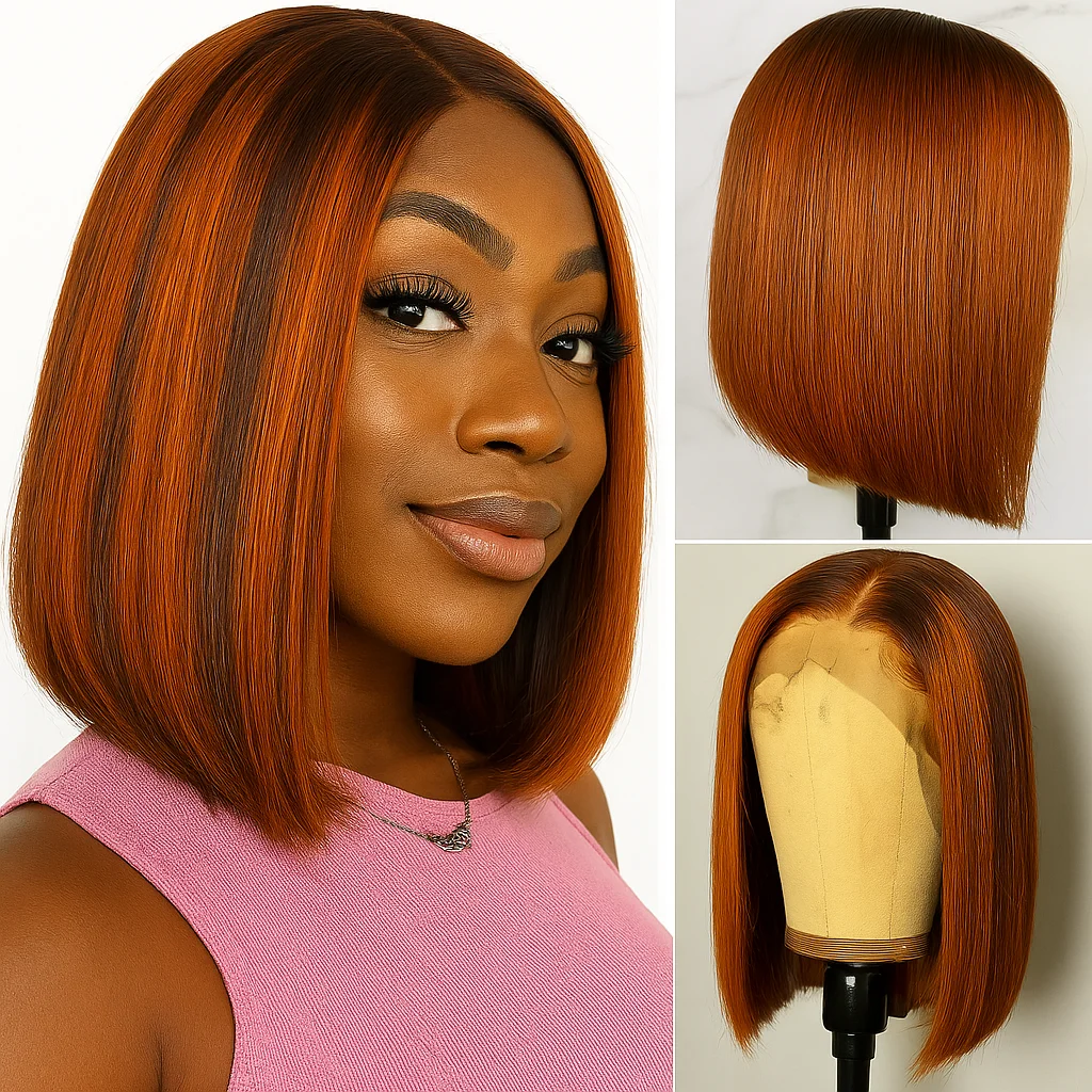 Peruka Bob Krótka z Włosów Naturalnych Ombre Brąz z Pasemkami w Kolorze Imbiru, Krótkie Proste Peruki z Przedziałkiem 13x4 Lace Frontal, Gotowe do Założenia Bez Kleju dla Kobiet