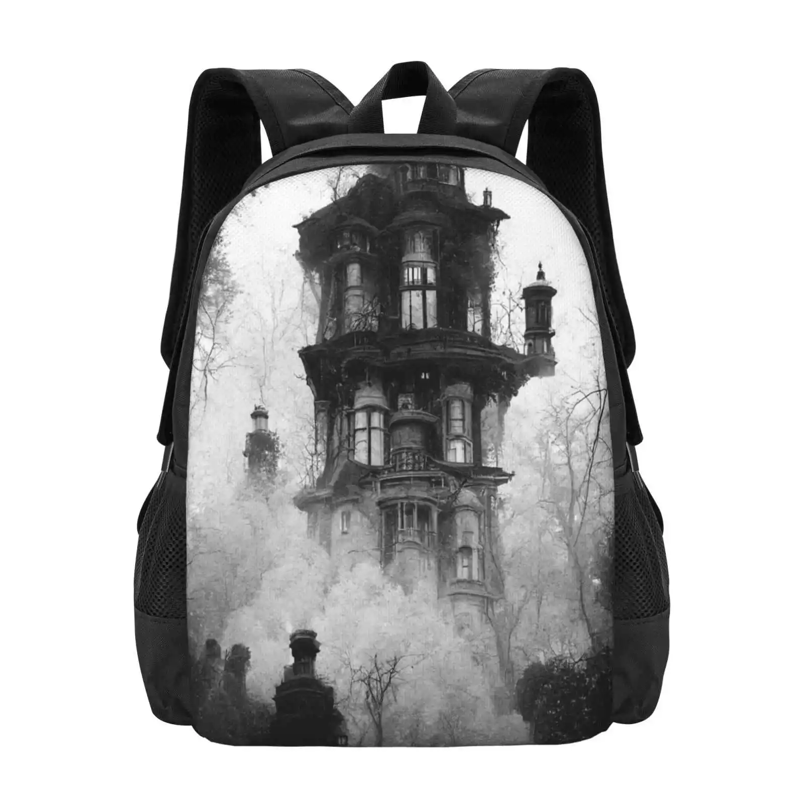 The Haunted Foggy Castle Large Capacity School Backpack Laptop Bags Haunted House Castle Foggy Trees Forest Dark Gothic Fantasy