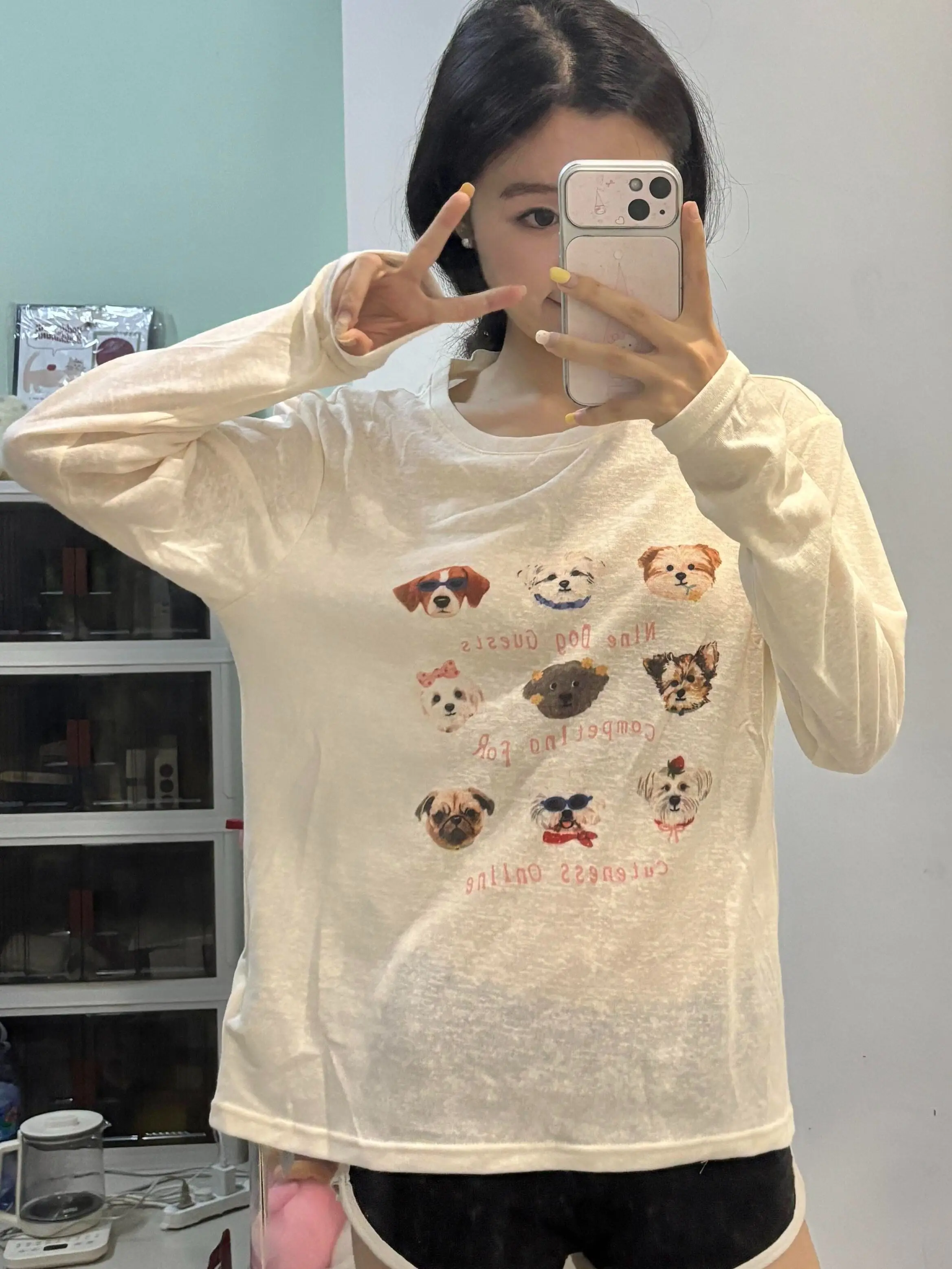 Summer Casual Style Women's Long Sleeve round Neck T-shirt Sun Protection Print Slim Fit Versatile Mask T-shirt Cartoon Dog L...