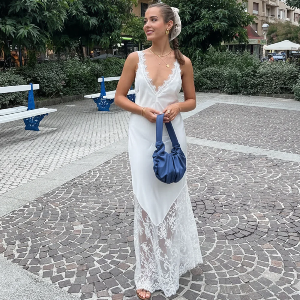 Ticketsx Sexy Lace Patchwork Dress Women V Neck See Through Sleeveless Long Dress Elegant High Street Backless Evening Dress