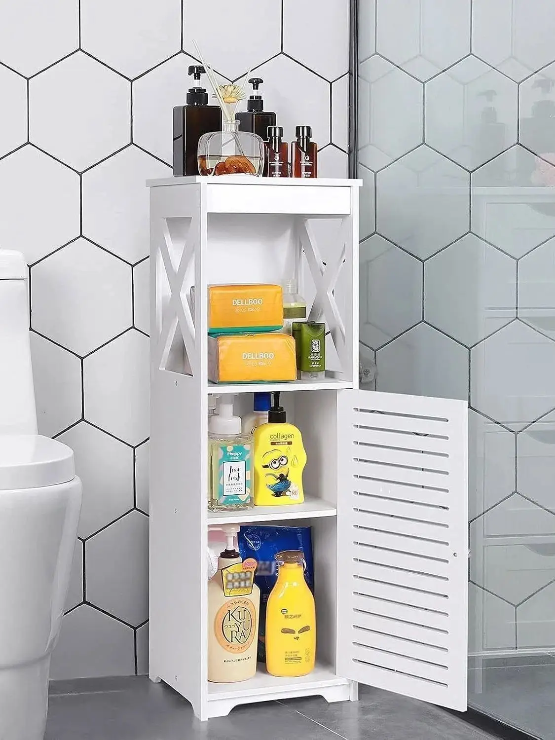 Waterproof Bathroom Storage Cabinet Free Standing Cabinet Organizer Unit Open Compartments Bathroom Cabinet White