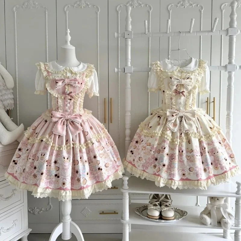 Japanisches Kawaii Lolita JSK-Kleid für Damen, Süßes Cartoon-Hasen-Print-Kleid mit Schleife, Teeparty-Trägerkleid, Niedliches Y2K Prinzessinnen-Tortenkleid für Mädchen