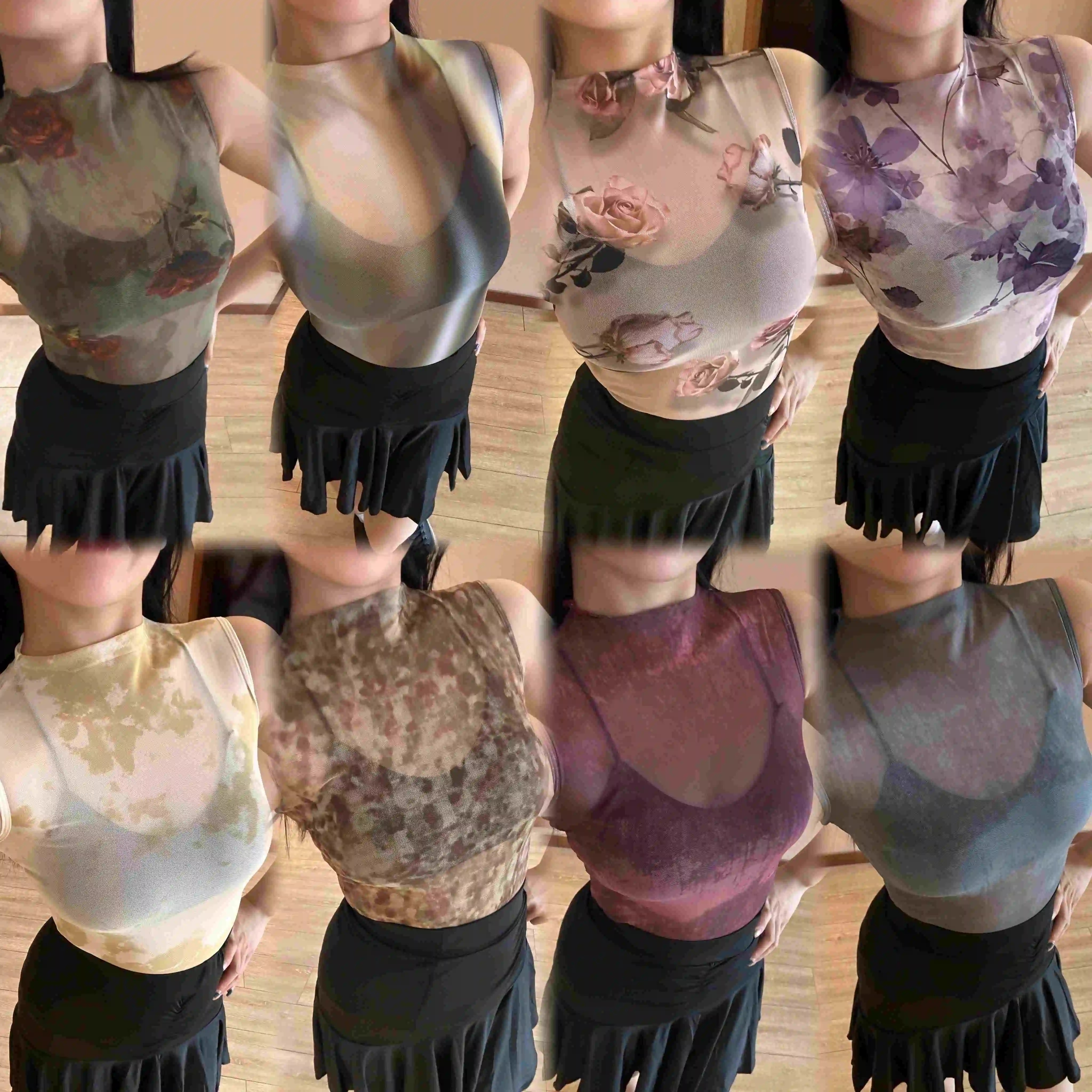 

Sexy Print Mesh Sleeveless Latin Dance Tops Women Club Rumba Salsa Dance Clothing Adult Practice Performance Clothes DNV23539