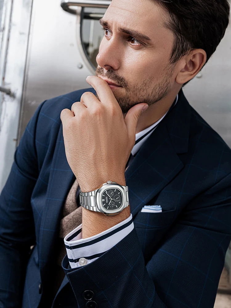 마크 페어웨일 남성 쿼츠 시계 43mm 사각 손목시계 30M 방수 발광 주간 날짜 24시간 표시