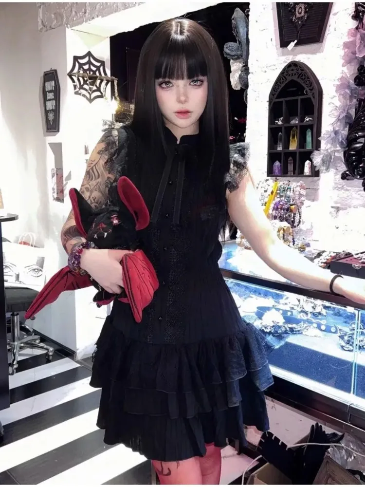 Sweet Lolita Lace Dresses Y2k Slim Waist High Street Short Sleeve Dress Women Retro 2025 Summer New Bottoming Vestidos Fashion